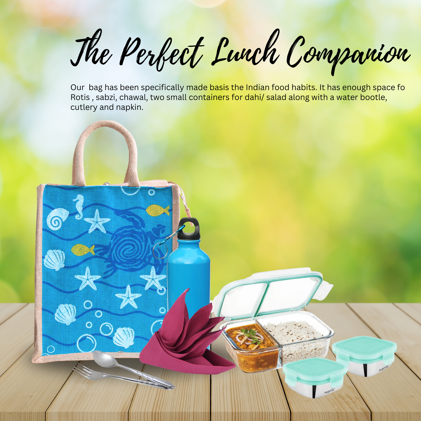 Printed Jute Lunch Bag With Zipper For Men & Women With Sea Print