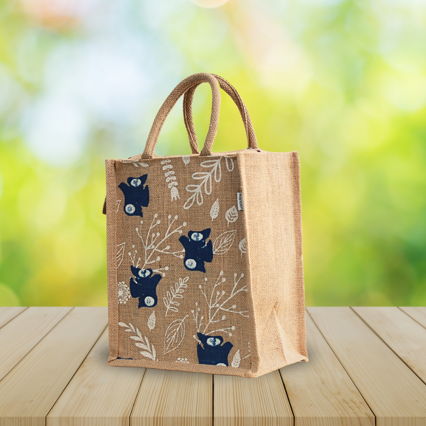 Printed Jute Lunch Bag With Zipper For Men & Women With Leaf Design.