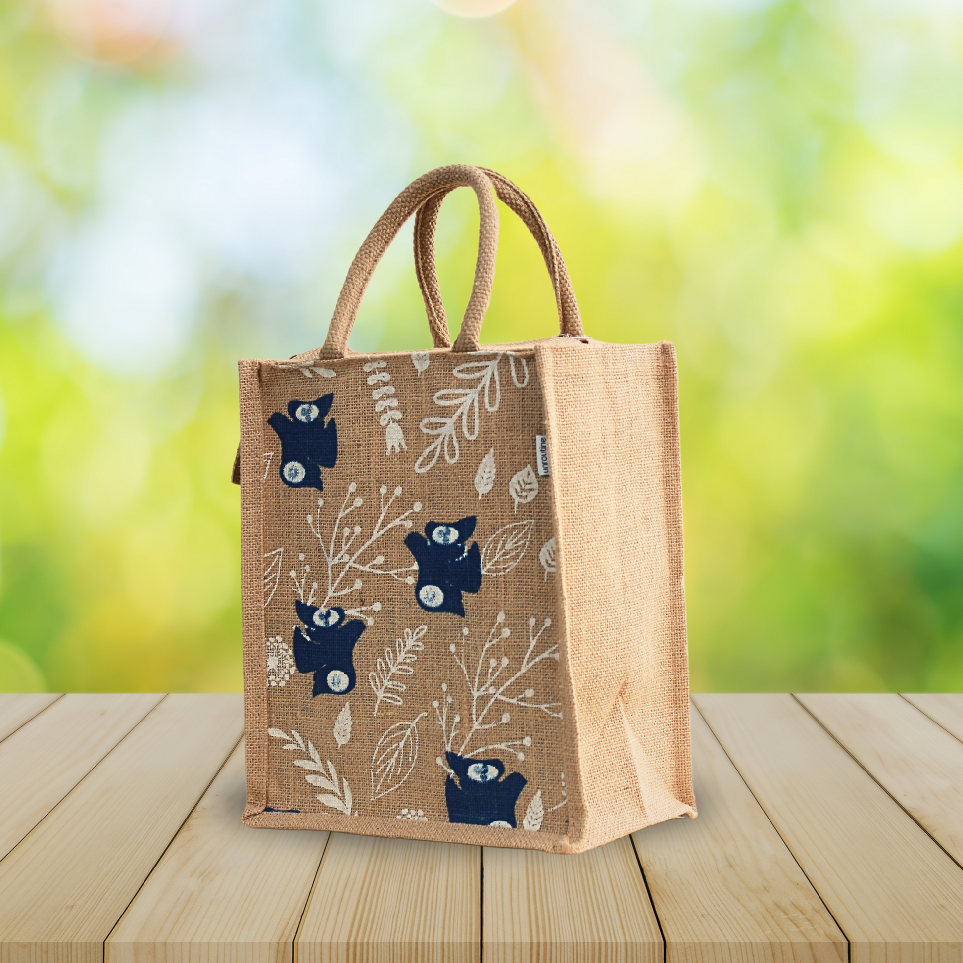 Printed Jute Lunch Bag With Zipper For Men Women With Leaf
