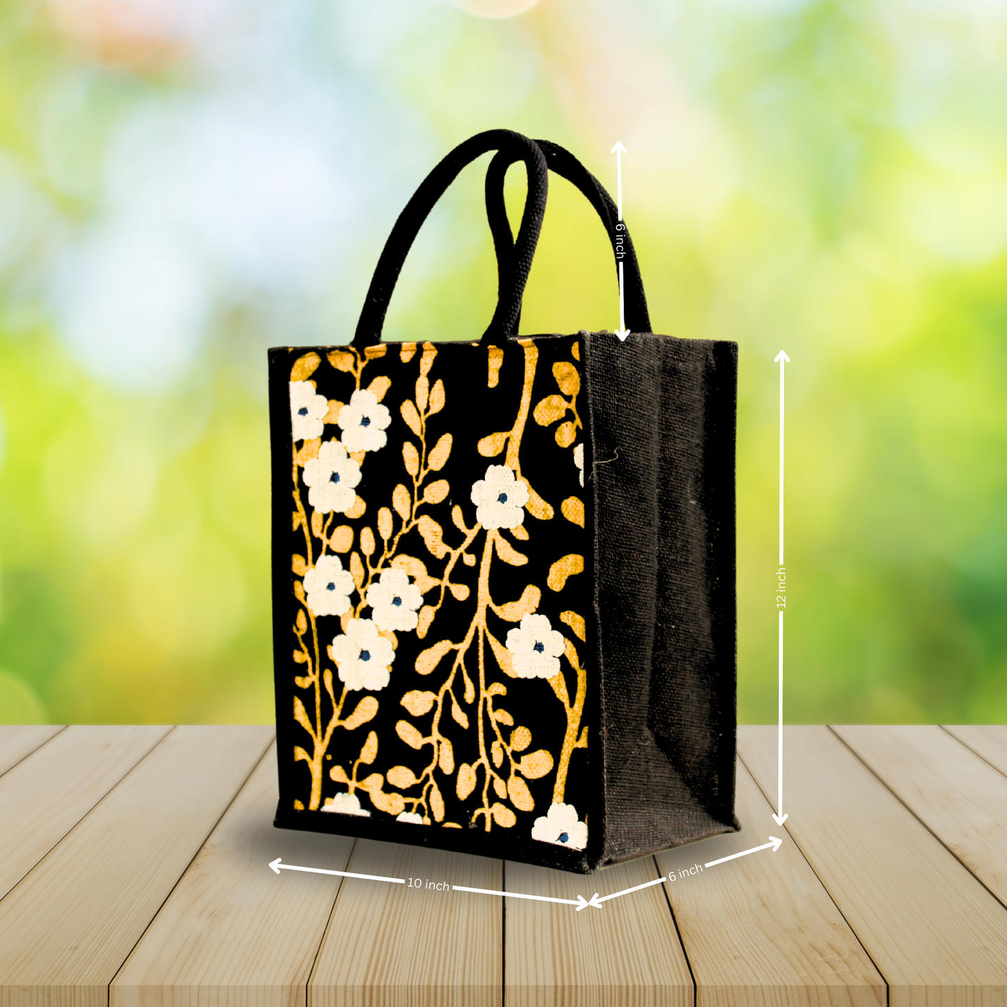 Printed Jute Lunch Bag With Zipper For Men & Women With Floral Design In Gold & White