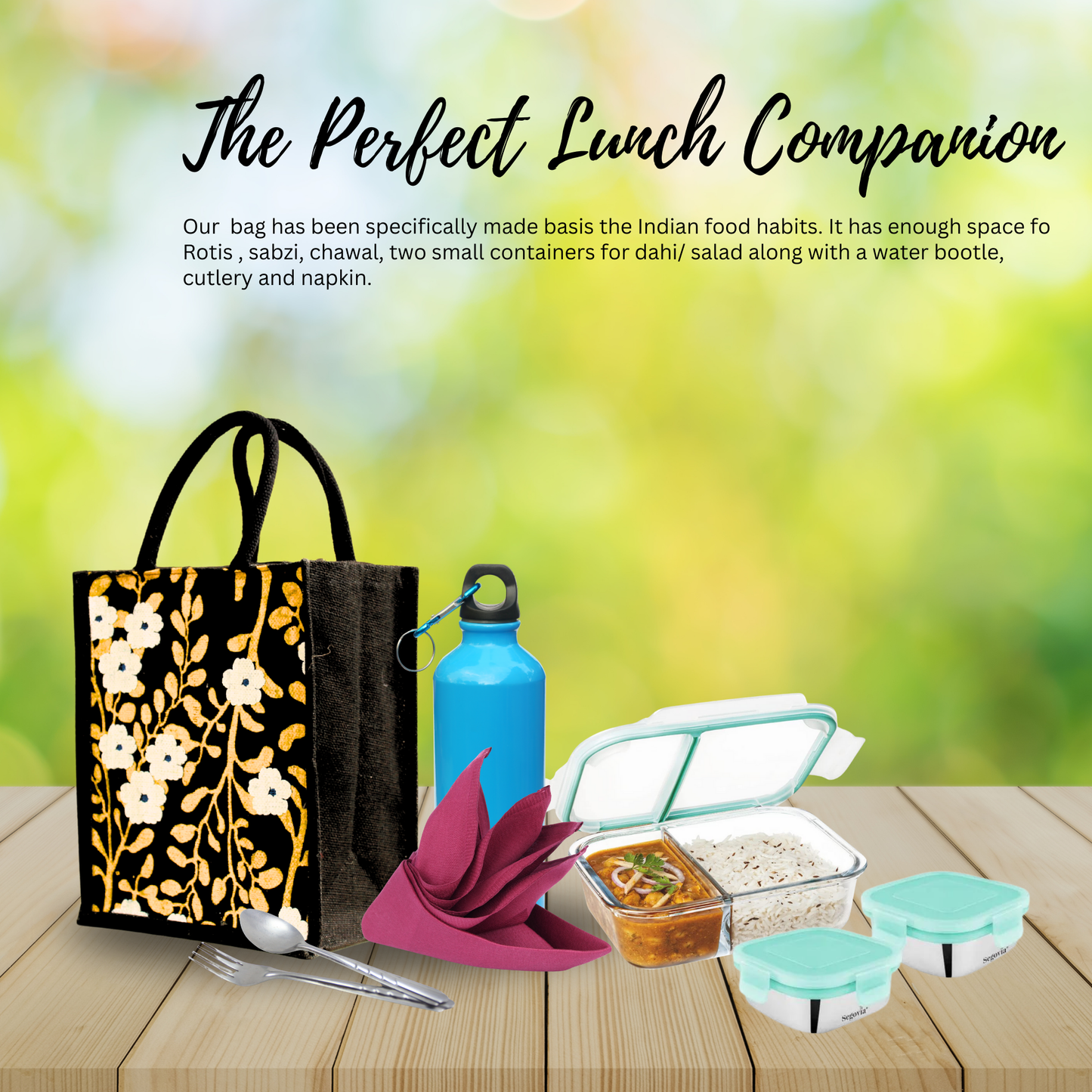 Printed Jute Lunch Bag With Zipper For Men & Women With Floral Design In Gold & White