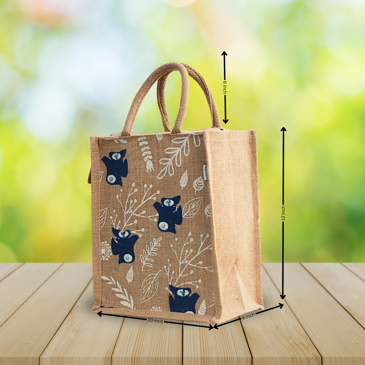 Printed Jute Lunch Bag With Zipper For Men & Women With Leaf Design.