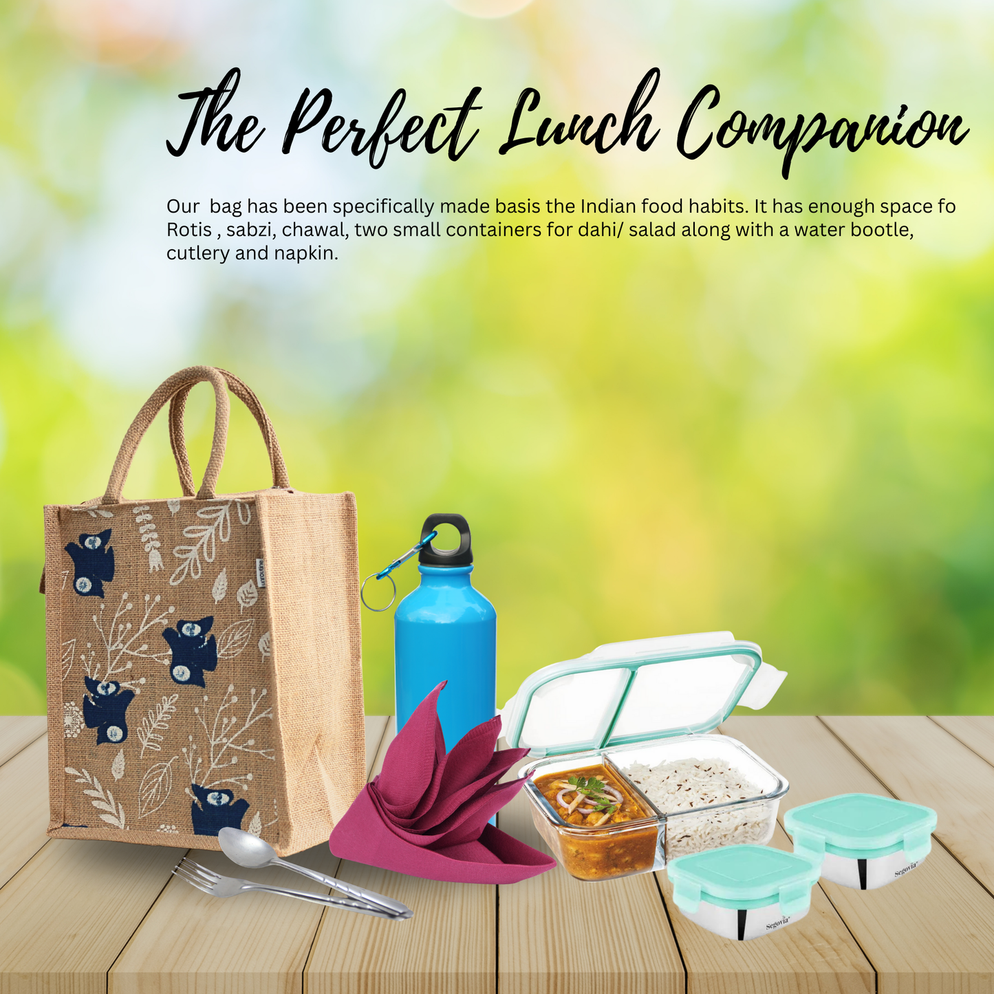 Printed Jute Lunch Bag With Zipper For Men & Women With Leaf Design.