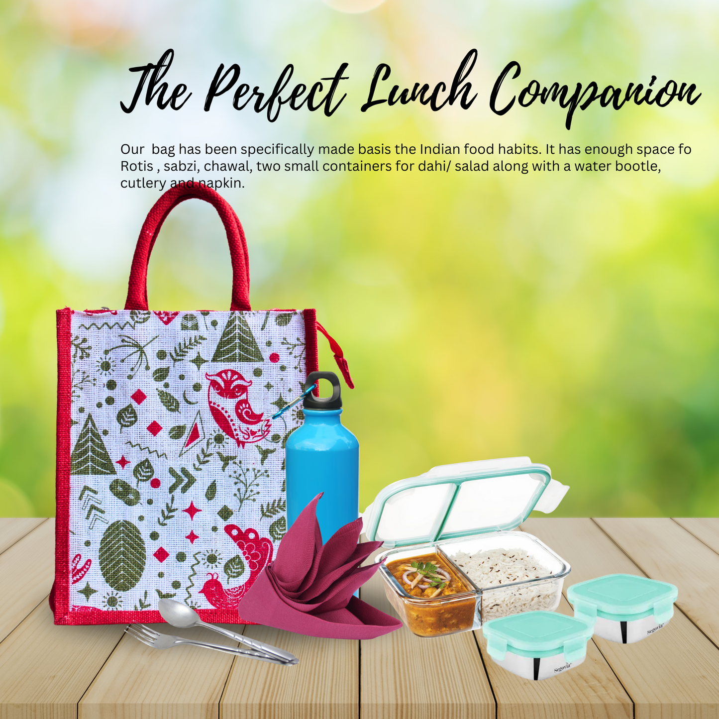 Printed Jute Lunch Bag With Zipper For Men & Women With Abstract Design.