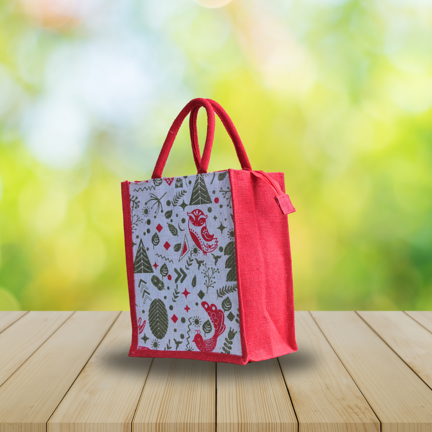 Printed Jute Lunch Bag With Zipper For Men & Women With Abstract Design.