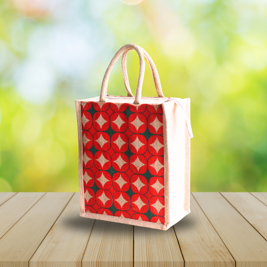 Red Star Design Printed Jute Lunch Bag with Zipper for Men & Women