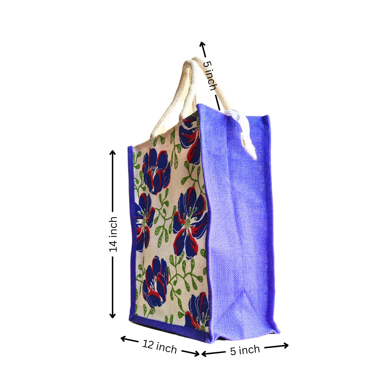 Printed Bold Floral Jute Shopping Bag - Blue Gusset