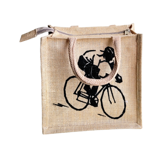 Printed Jute Compact Lunch Bag Cyclist Natural Body