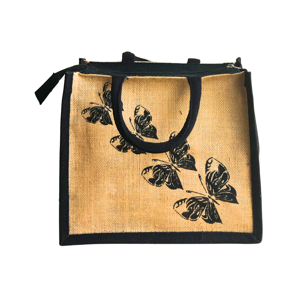Printed Jute Handbag Butterfly - Natural Black Combo Regular