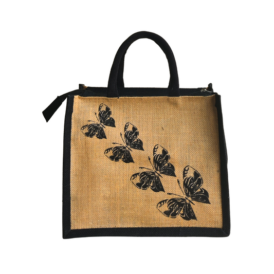 Printed Jute Handbag Butterfly - Natural Black Combo Regular
