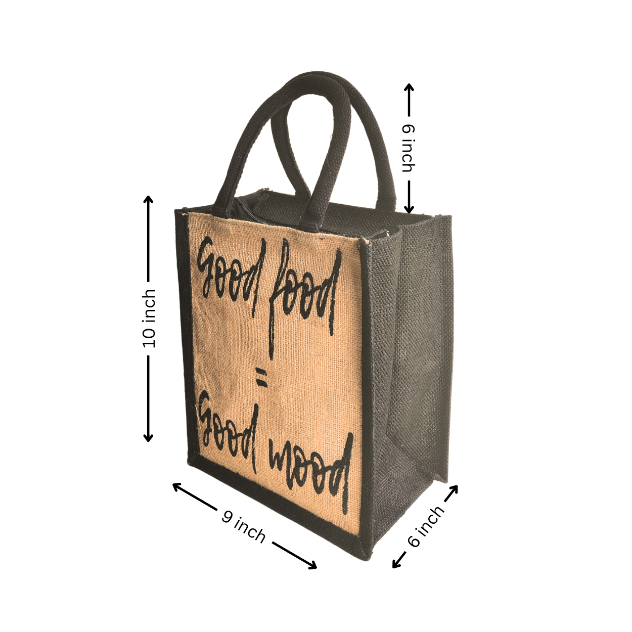 Printed Jute Lunch Bag Good Food - Black Gusset Regular