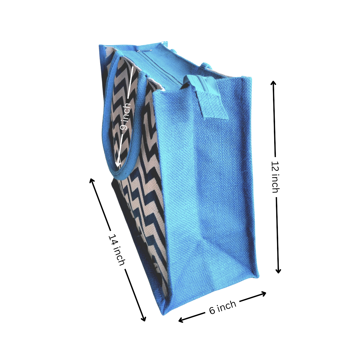 Printed Jute Shopping Bag - Chevron Teal Blue Large