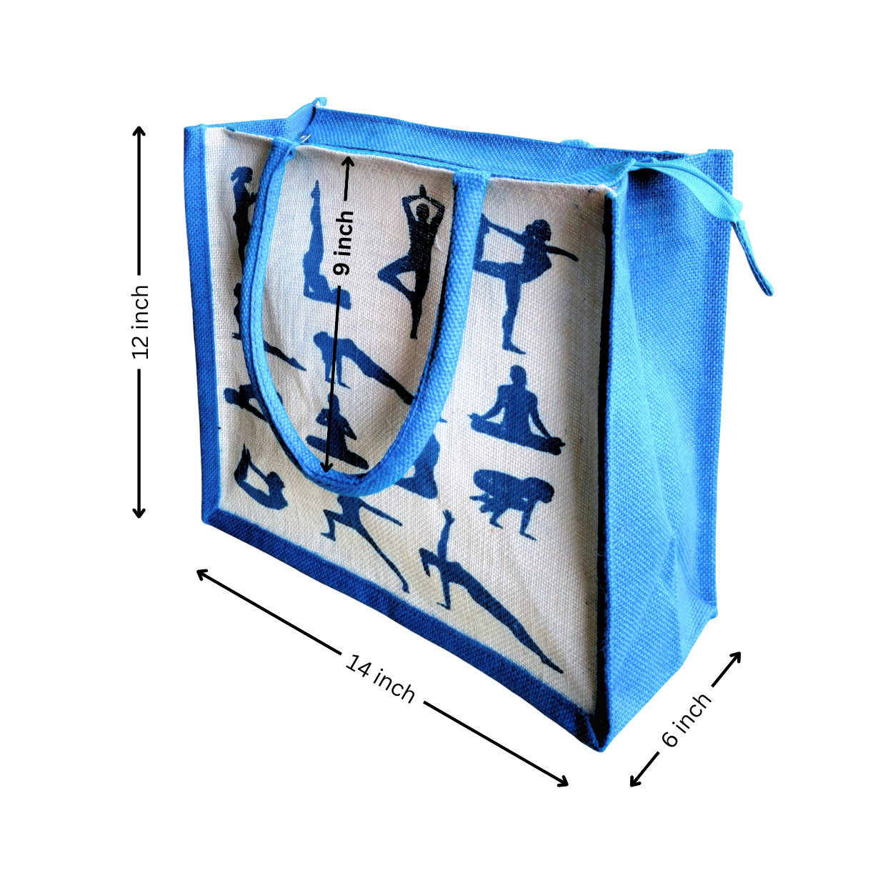 Printed Jute Shopping Bag Yoga Pose - Teal Blue Large