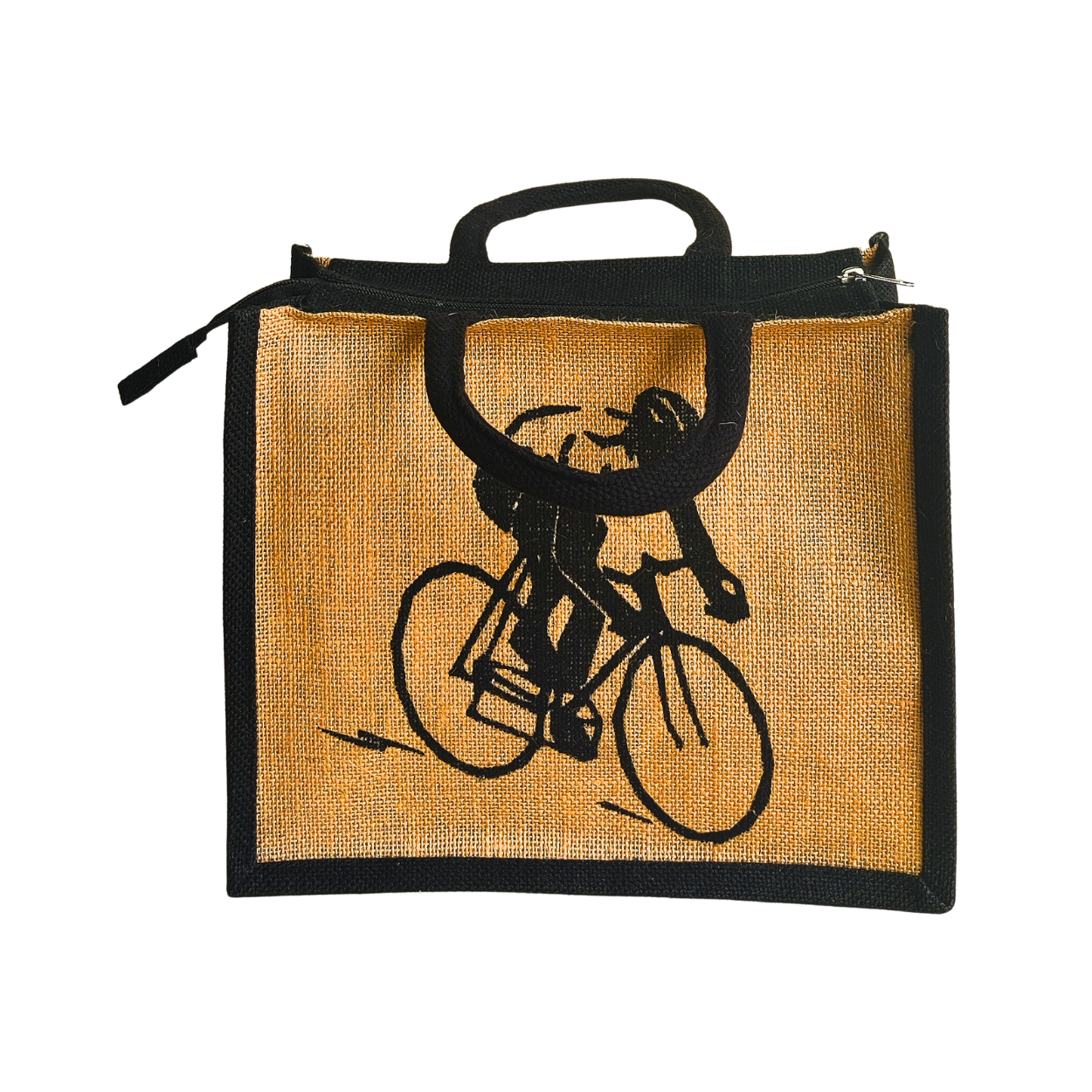 Printed Jute Standard Lunch Bag Cyclist Natural Black Combo