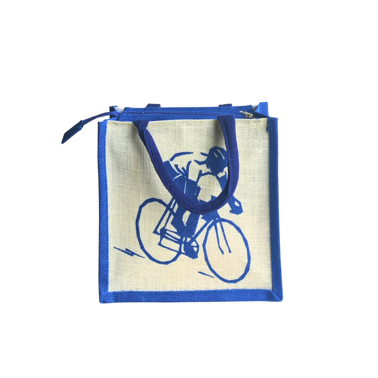 Printed Jute Standard Lunch Bag Cyclist Royal Blue